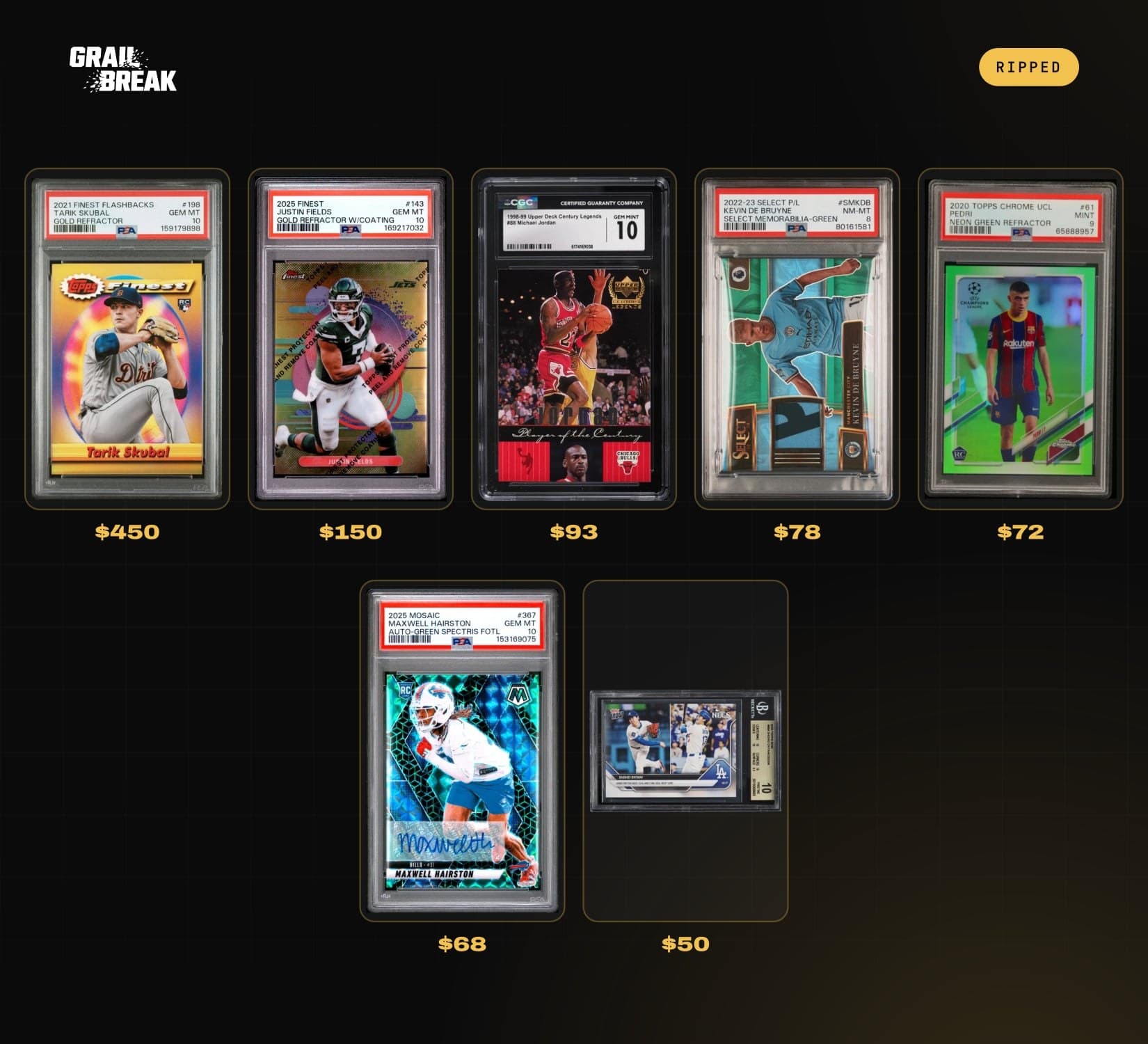 Grail Break recap card showing seven graded slabs from one rip, valued $50 to $450.