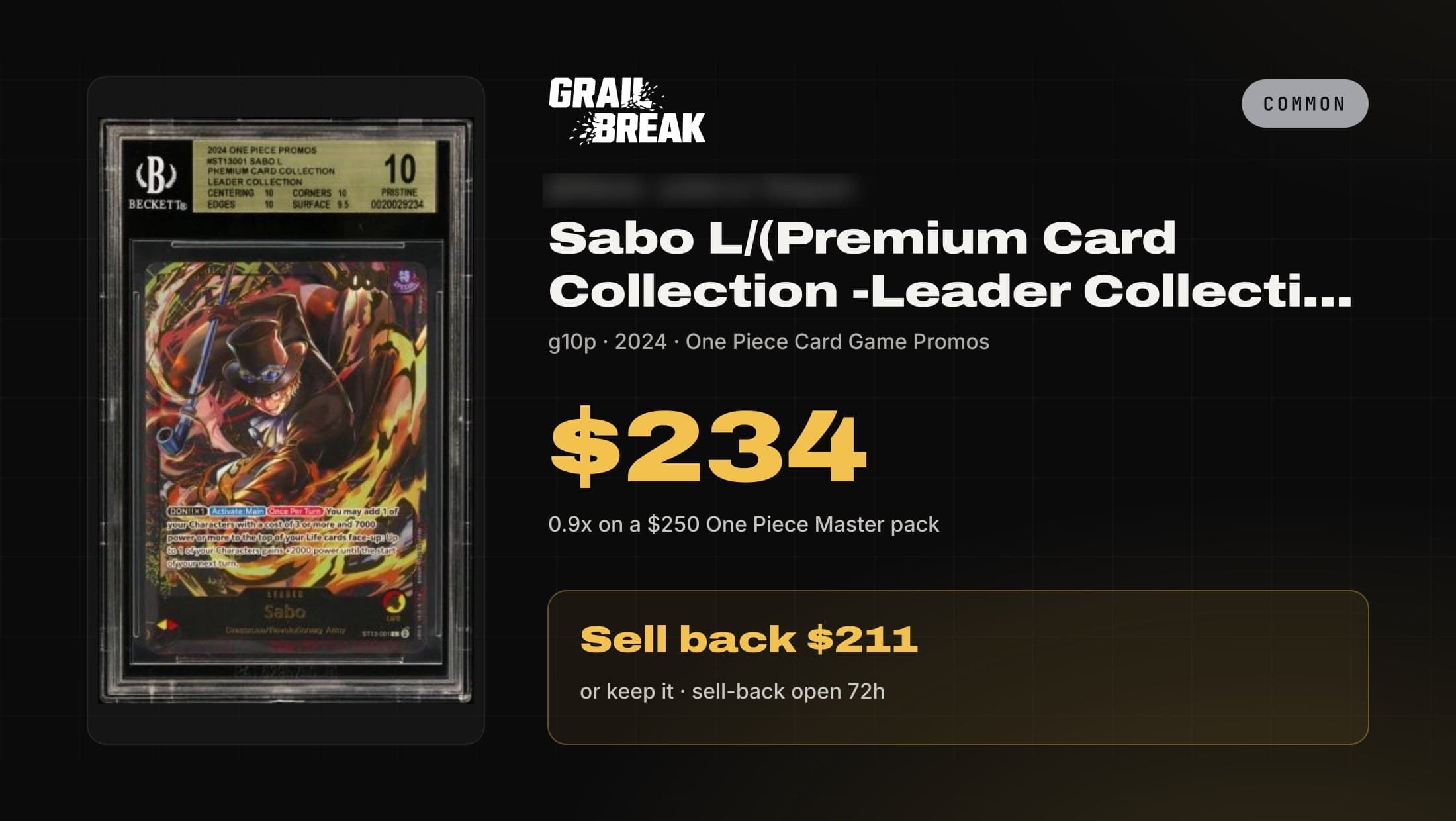 Grail Break pull card for a 2024 One Piece Sabo leader promo, valued at $234 from a $250 One Piece Master pack.
