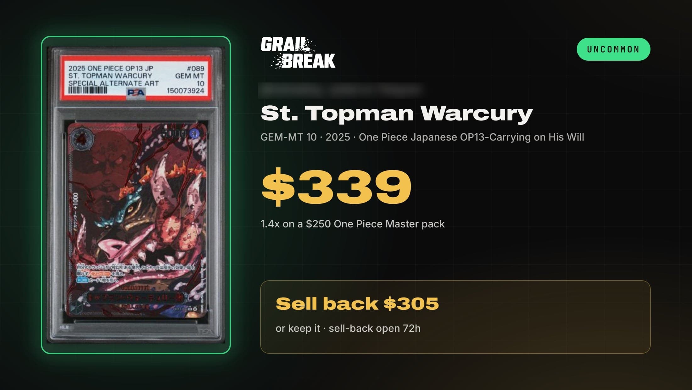 Grail Break pull card for a 2025 Japanese One Piece OP13 St. Topman Warcury in a PSA 10, valued at $339 from a $250 One Piece Master pack.
