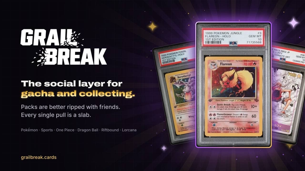 Grail Break's banner: its logo and the line The social layer for gacha and collecting beside a 1999 Fossil 1st Edition Aerodactyl, a 1999 Jungle 1st Edition Flareon in a PSA 10 and a One Piece Monkey D. Luffy alternate art slab.