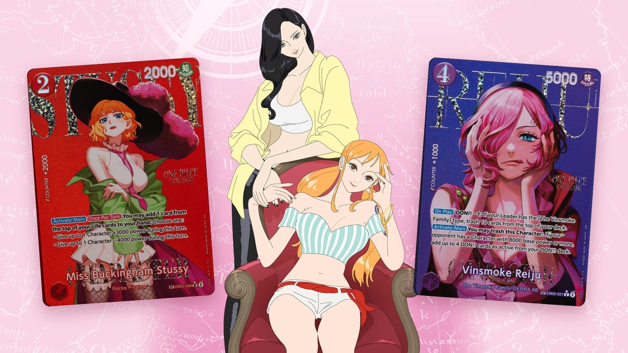 One Piece Heroines Edition Vol. 2 key art of Nico Robin and Nami in a red armchair, between the Miss Buckingham Stussy and Vinsmoke Reiju SP cards