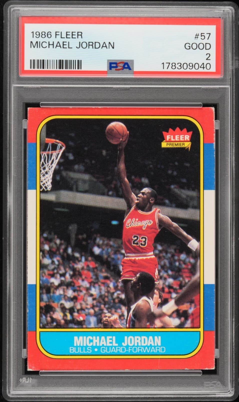 Michael Jordan 1986-87 Fleer #57 rookie card in a PSA 2 slab, the eBay lot closing Oct. 23
