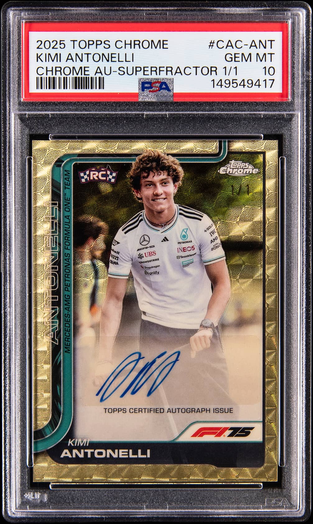 Kimi Antonelli's 2025 Topps Chrome F1 Chrome Autographs SuperFractor rookie card, signed, numbered 1 of 1, in a PSA 10 slab.