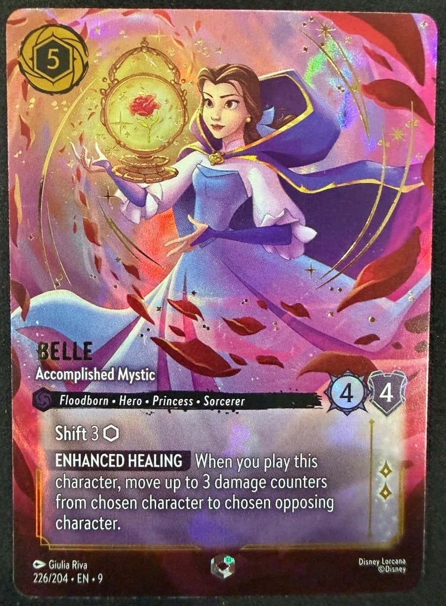 A raw Enchanted Disney Lorcana Belle, Accomplished Mystic, number 226, from Fabled