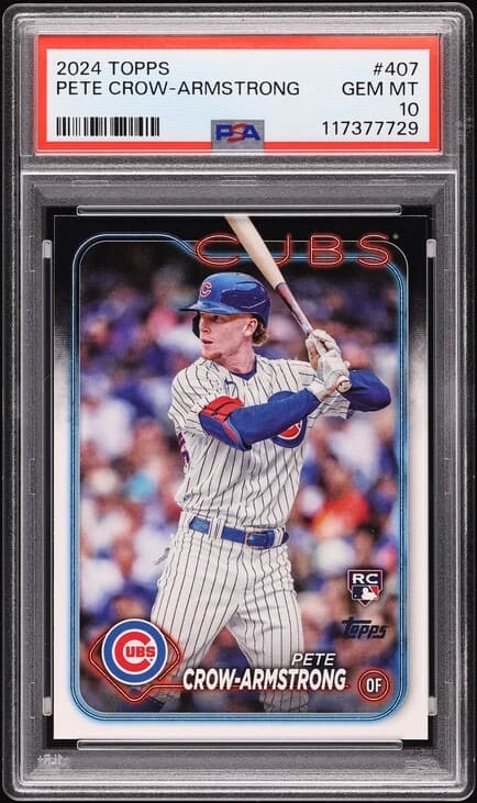 A 2024 Topps Pete Crow-Armstrong rookie card, number 407, in a PSA 10 slab