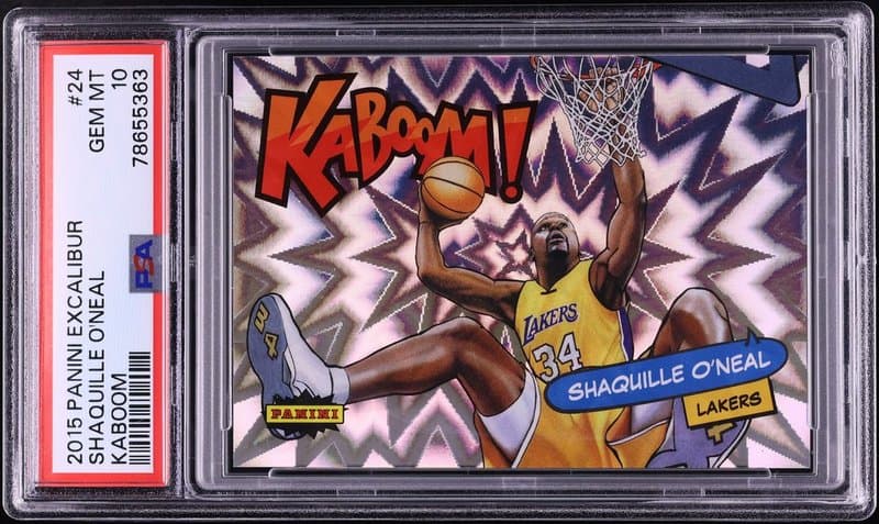 2015 Panini Excalibur Kaboom! Shaquille O'Neal #24 in PSA 10, the copy that sold for $30,600 USD on August 28. Card image: Fanatics Collect lot photo.