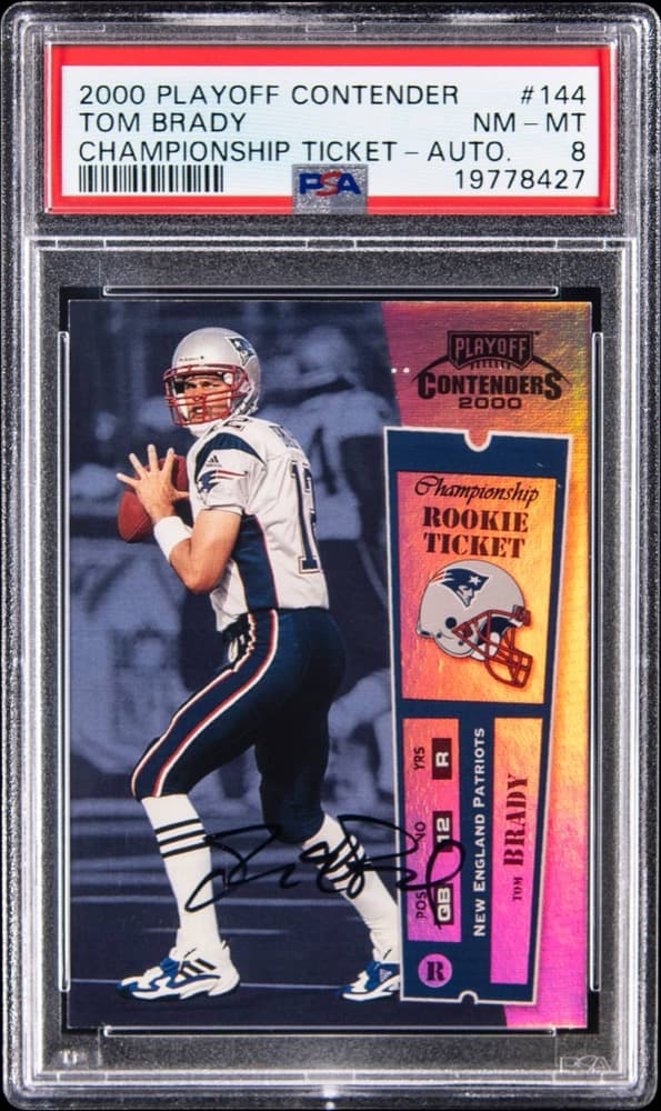 Tom Brady 2000 Playoff Contenders Championship Ticket rookie autograph, serial 045/100, in a PSA 8 slab