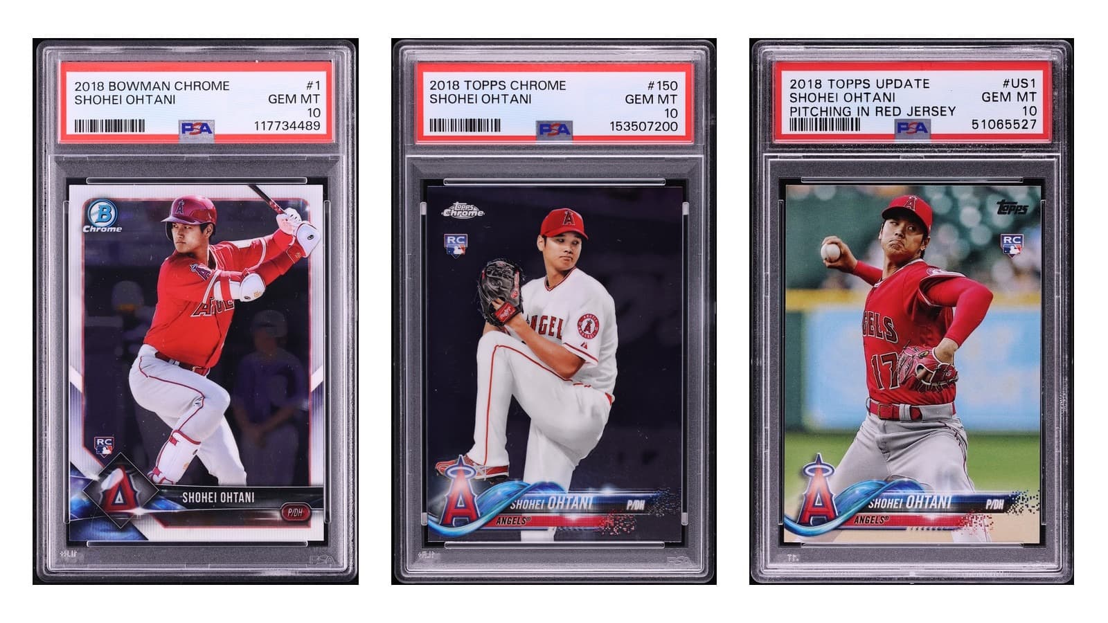 Three Shohei Ohtani 2018 rookie cards in PSA 10 slabs: Bowman Chrome #1, Topps Chrome #150 and Topps Update #US1