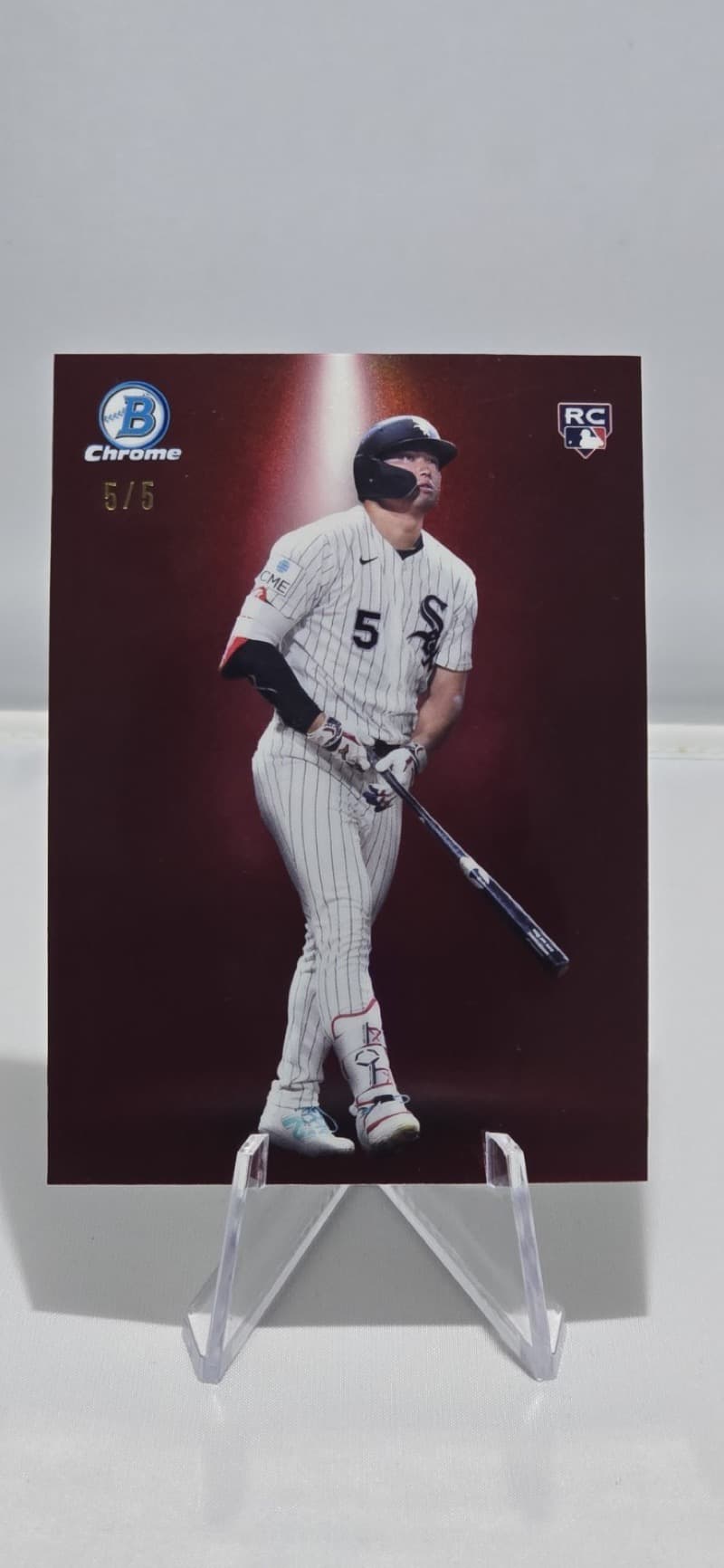 The 2026 Bowman Chrome Spotlight SSP Munetaka Murakami Red 5/5, the last copy of the print run, hand-numbered on the card front. Card image: eBay listing photo.