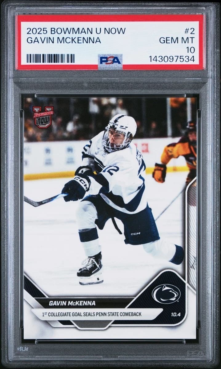 A 2025 Bowman U Now Gavin McKenna card, number 2, in a PSA 10 slab