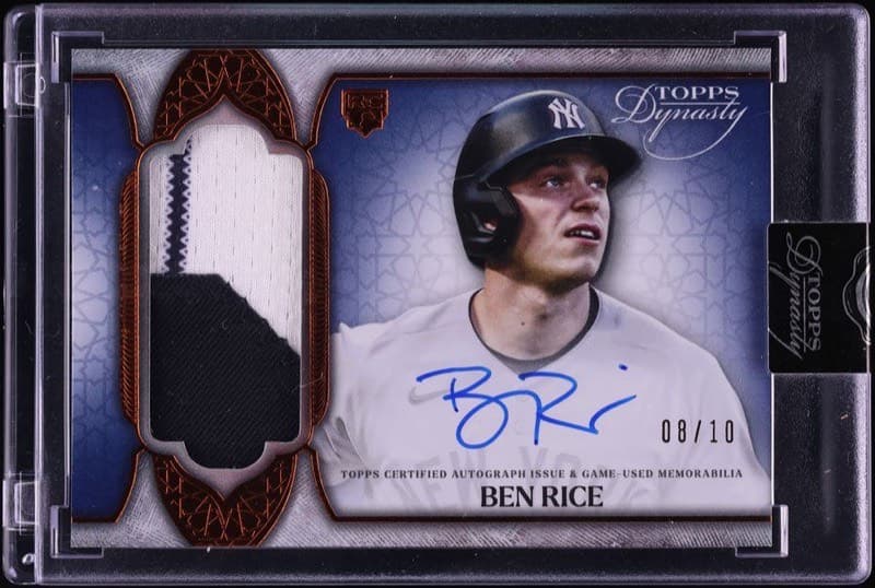 The 2025 Topps Dynasty Ben Rice rookie patch auto #DAP-BR3, numbered 08/10, in its case. Card image: Fanatics Collect lot photo.