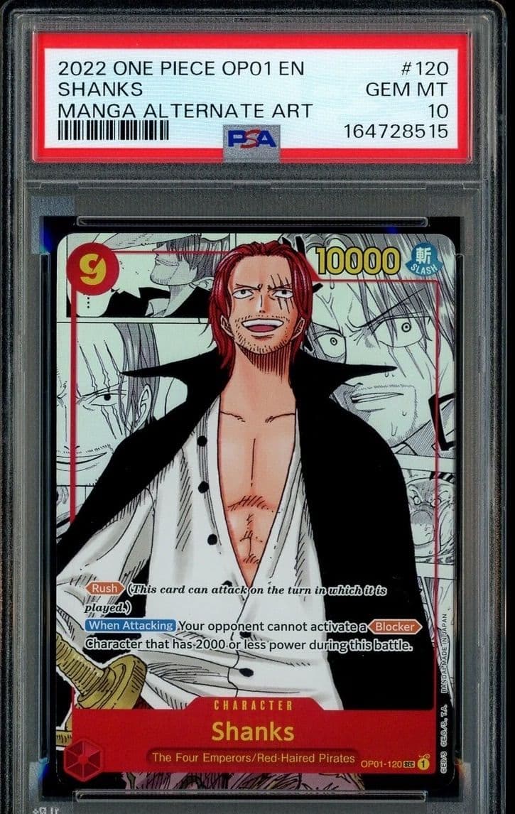 A 2022 One Piece Romance Dawn Shanks manga alternate art, OP01-120, in a PSA 10 slab