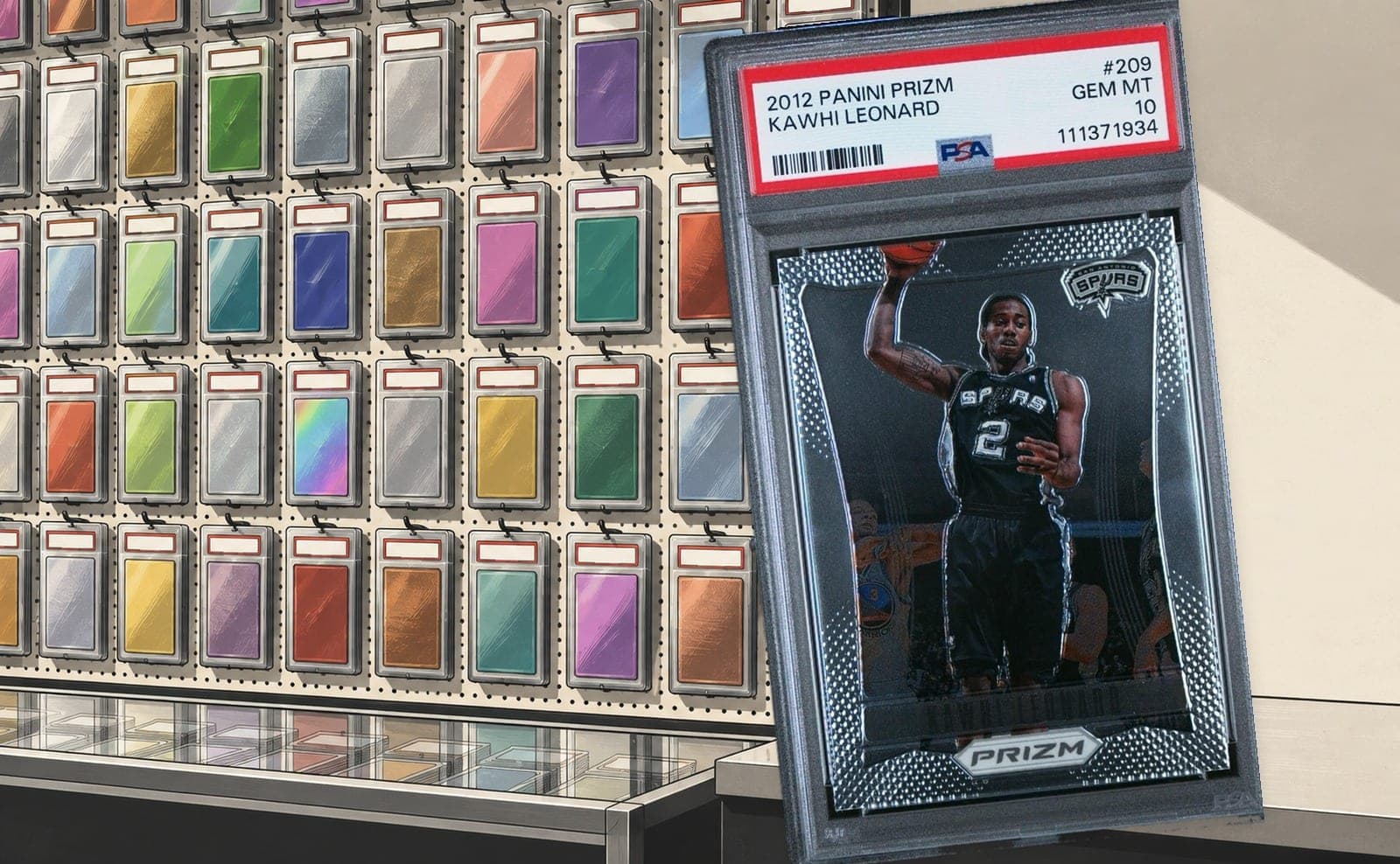 A graded 2012-13 Panini Prizm Kawhi Leonard rookie in front of a wall of graded cards