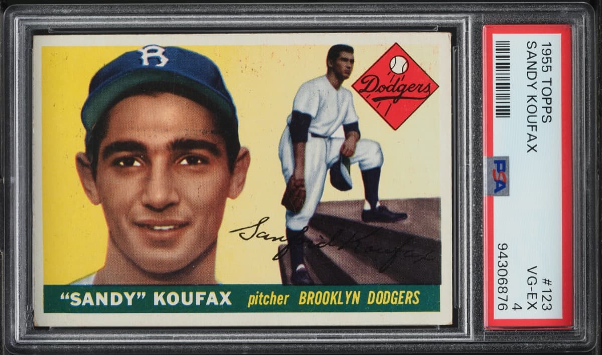 A 1955 Topps Sandy Koufax rookie card, number 123, in a PSA 4 slab