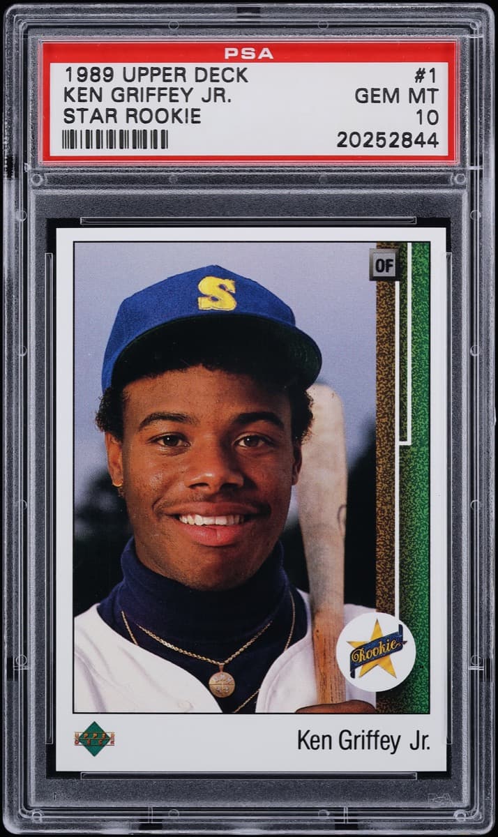 A 1989 Upper Deck Ken Griffey Jr. rookie card, number 1, in a PSA 10 slab