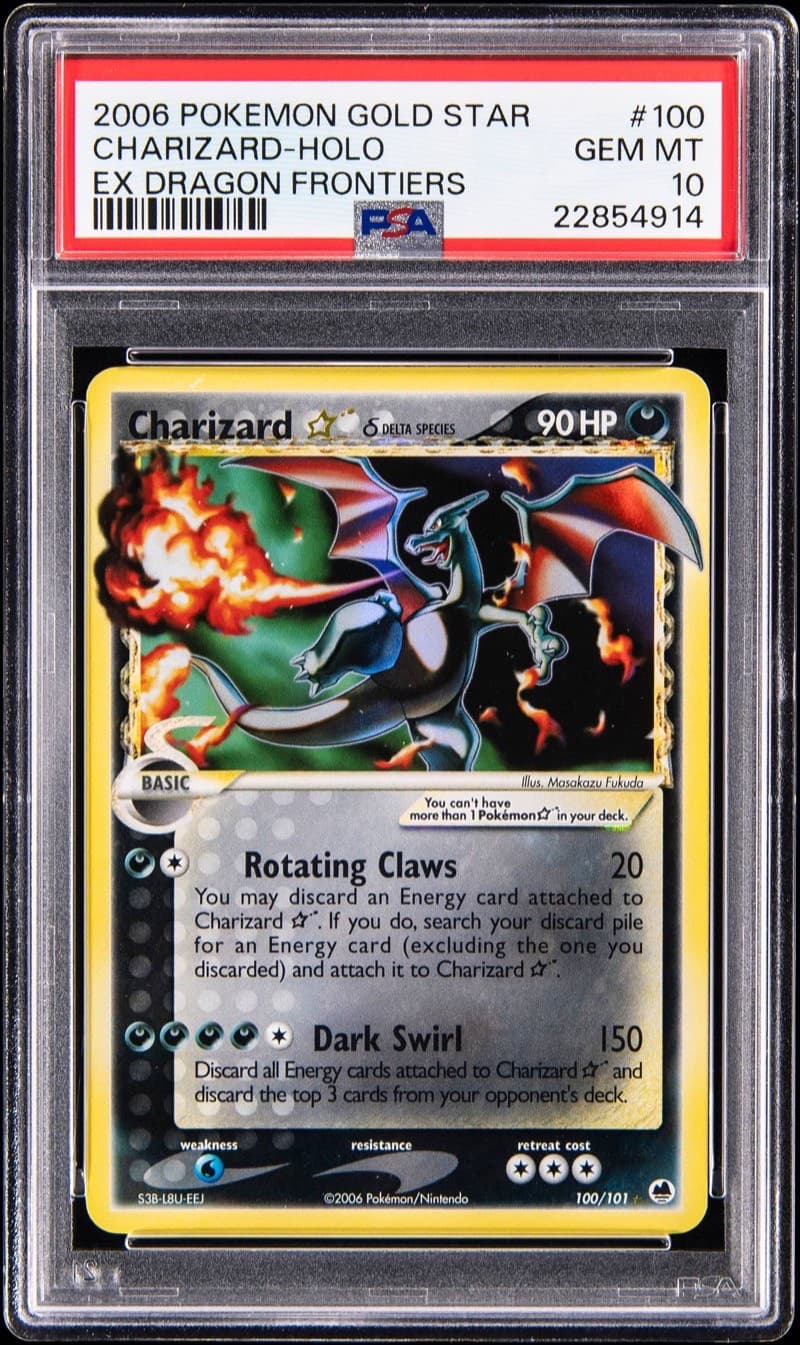 The PSA 10 2006 Dragon Frontiers Gold Star Charizard #100 up for bid at Goldin. Card image: Goldin lot photo.