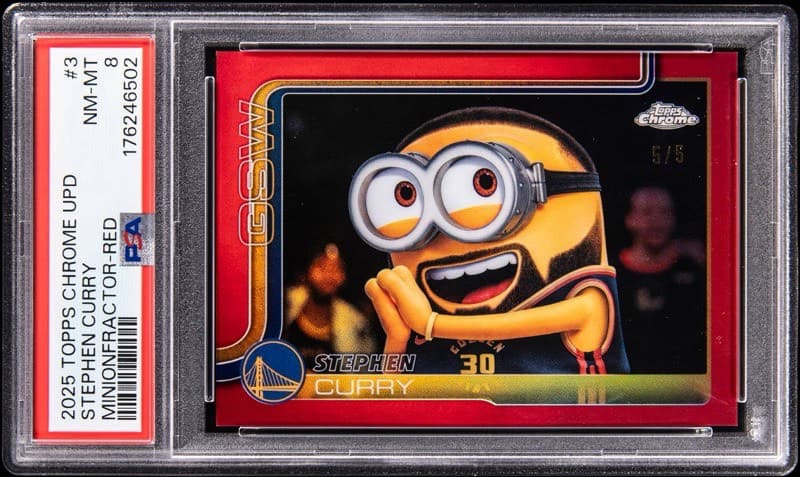 The 2025-26 Topps Chrome Update MinionFractor Red Refractor #3 Stephen Curry, numbered 5/5, in its PSA NM-MT 8 holder, the copy at auction. Card image: Goldin lot photo.