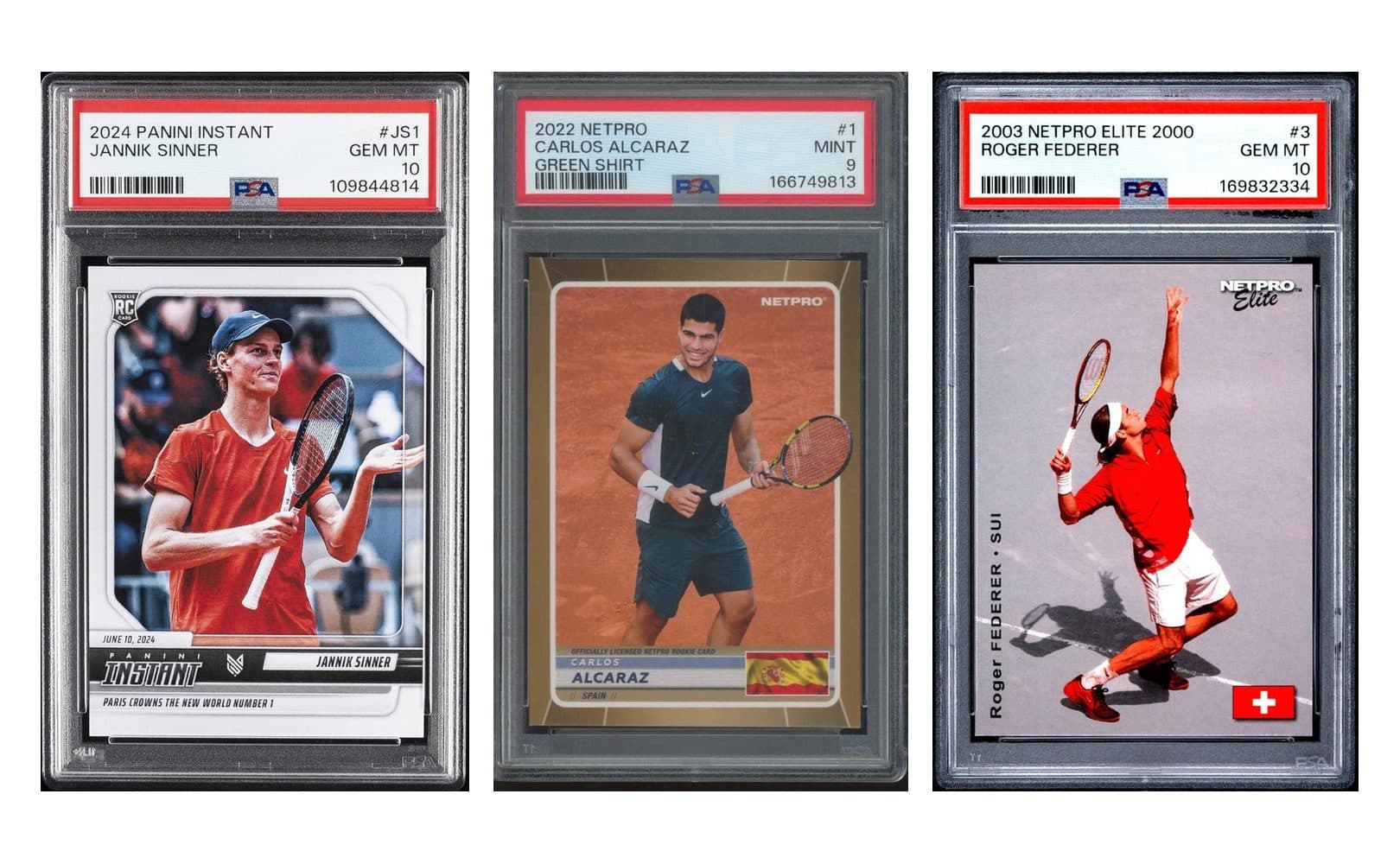 PSA slabs of a 2024 Panini Instant Jannik Sinner (PSA 10), a 2022 NetPro Carlos Alcaraz (PSA 9) and a 2003 NetPro Elite 2000 Roger Federer (PSA 10)