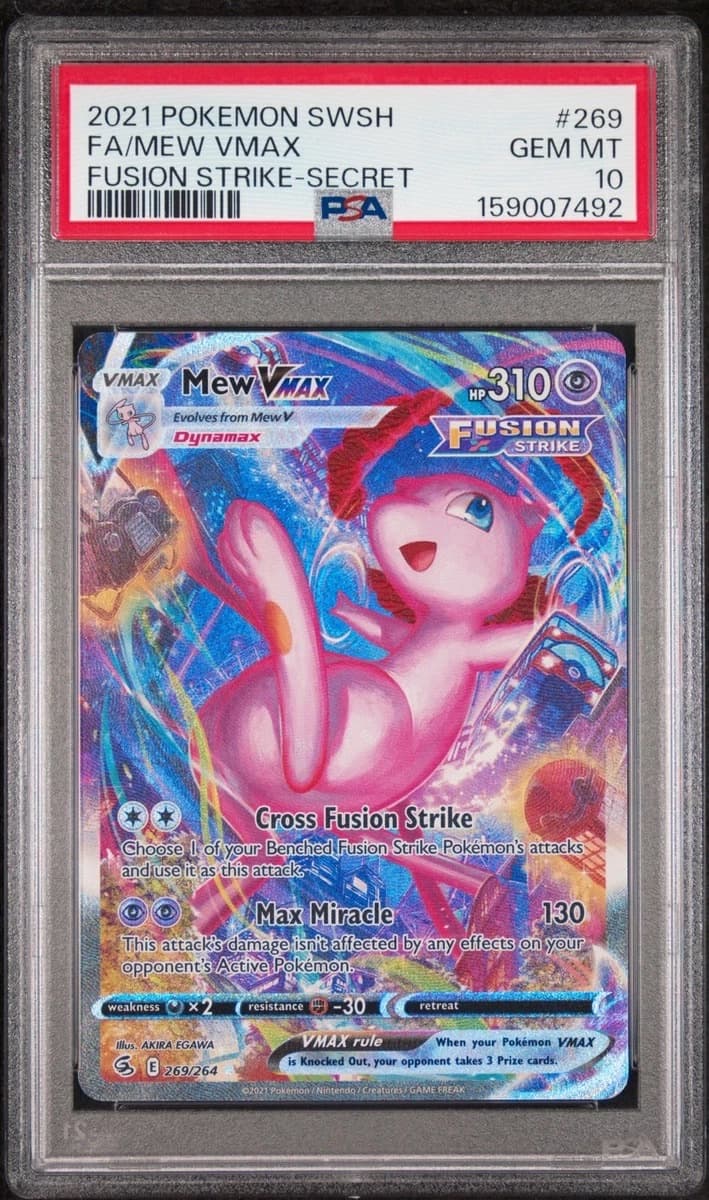 A 2021 Pokémon Fusion Strike Mew VMAX alternate art, number 269, in a PSA 10 slab