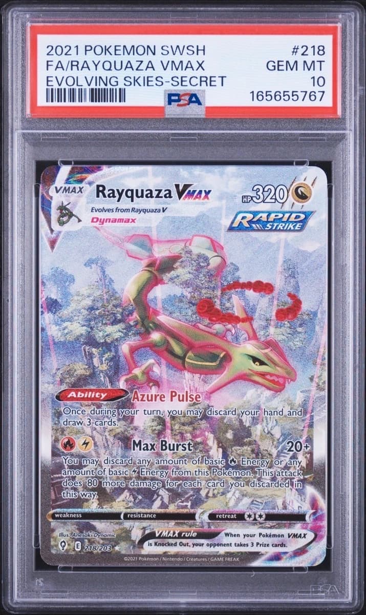 A 2021 Pokémon Evolving Skies Rayquaza VMAX alternate art, number 218, in a PSA 10 slab