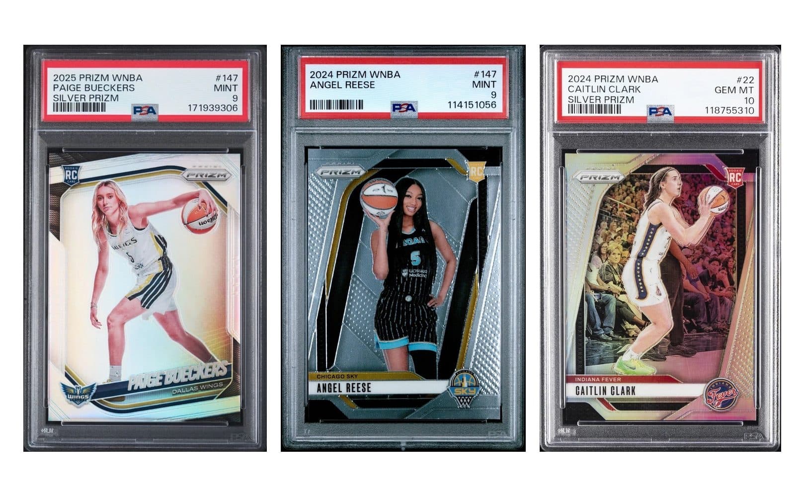 PSA slabs of a 2025 Prizm WNBA Paige Bueckers Silver (PSA 9), a 2024 Prizm WNBA Angel Reese (PSA 9) and a 2024 Prizm WNBA Caitlin Clark Silver (PSA 10)