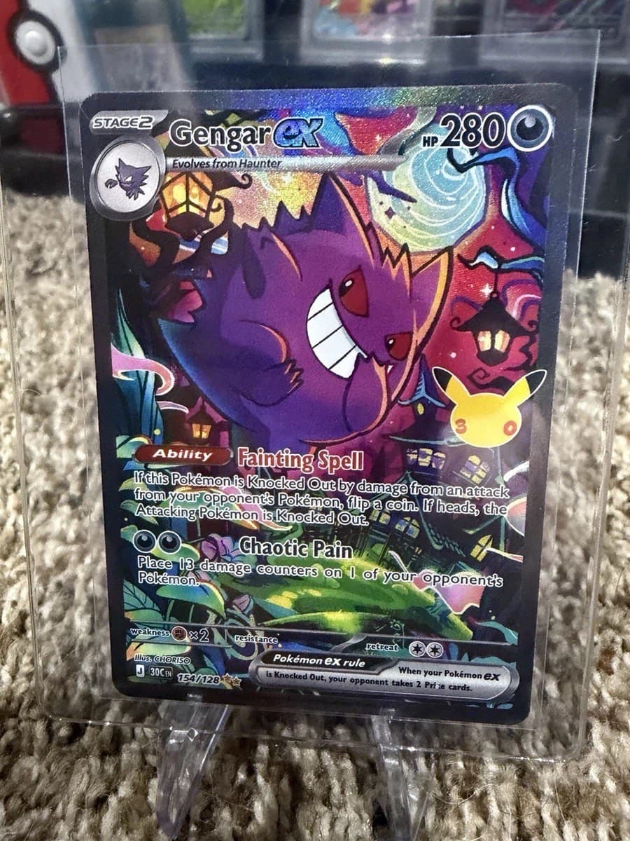 A raw 2026 Pokémon 30th Celebration Gengar ex secret rare, number 154, in a top loader