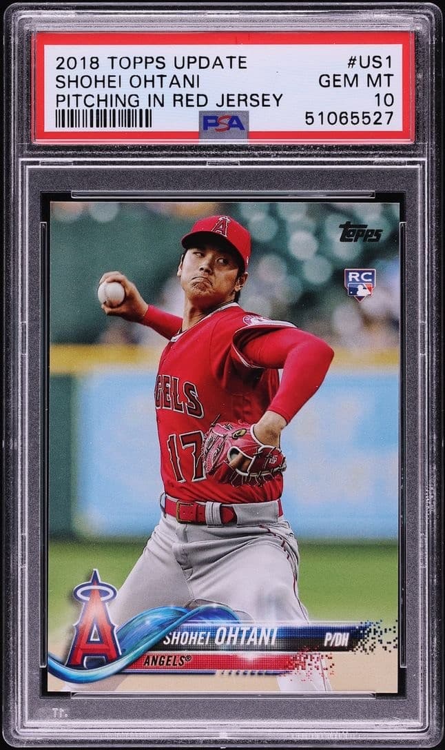 A 2018 Topps Update Shohei Ohtani rookie card, number US1, in a PSA 10 slab