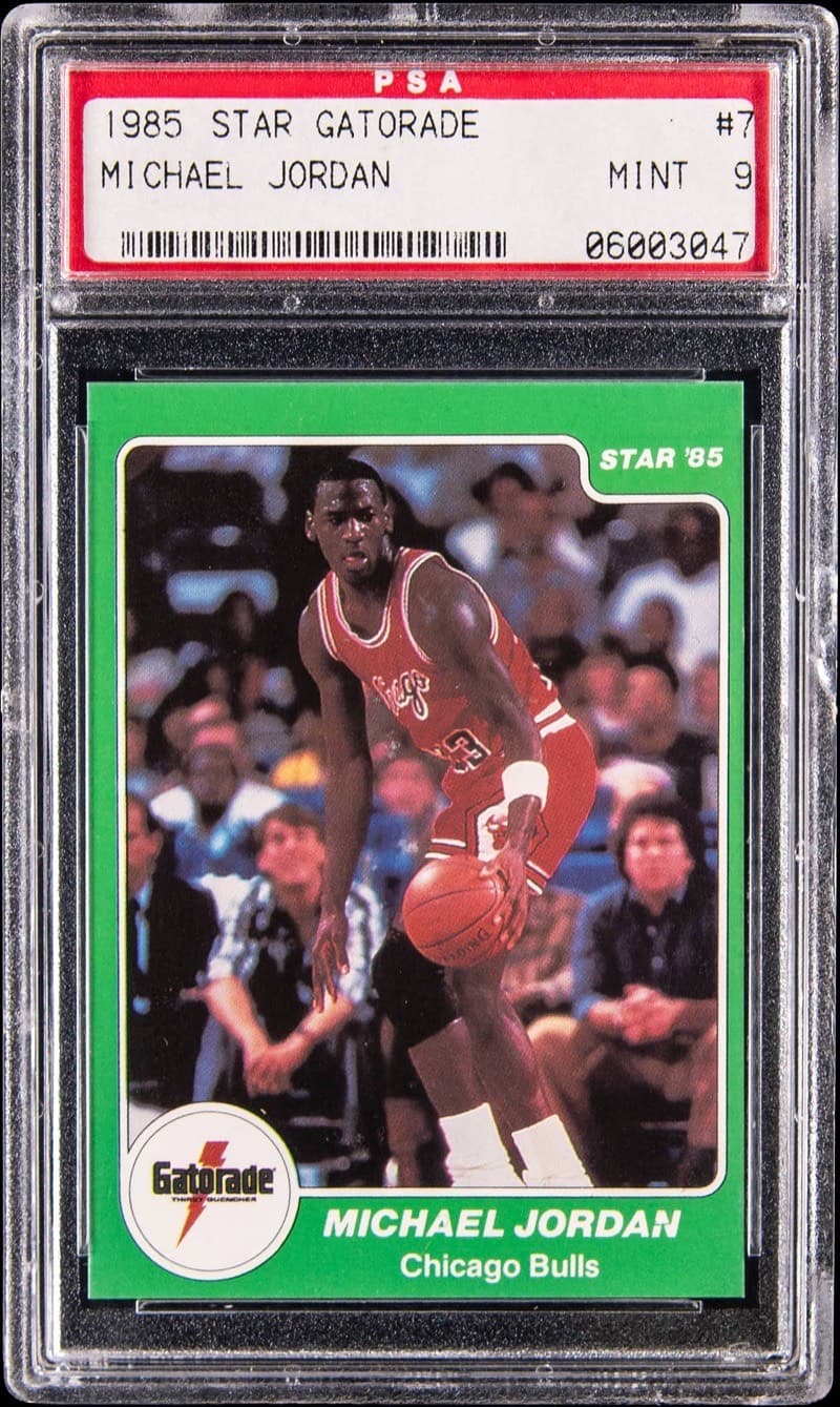 The 1985 Star Gatorade #7 Michael Jordan in a PSA MINT 9 holder, cert 06003047, the copy Goldin sold. Card image: Goldin lot photo.