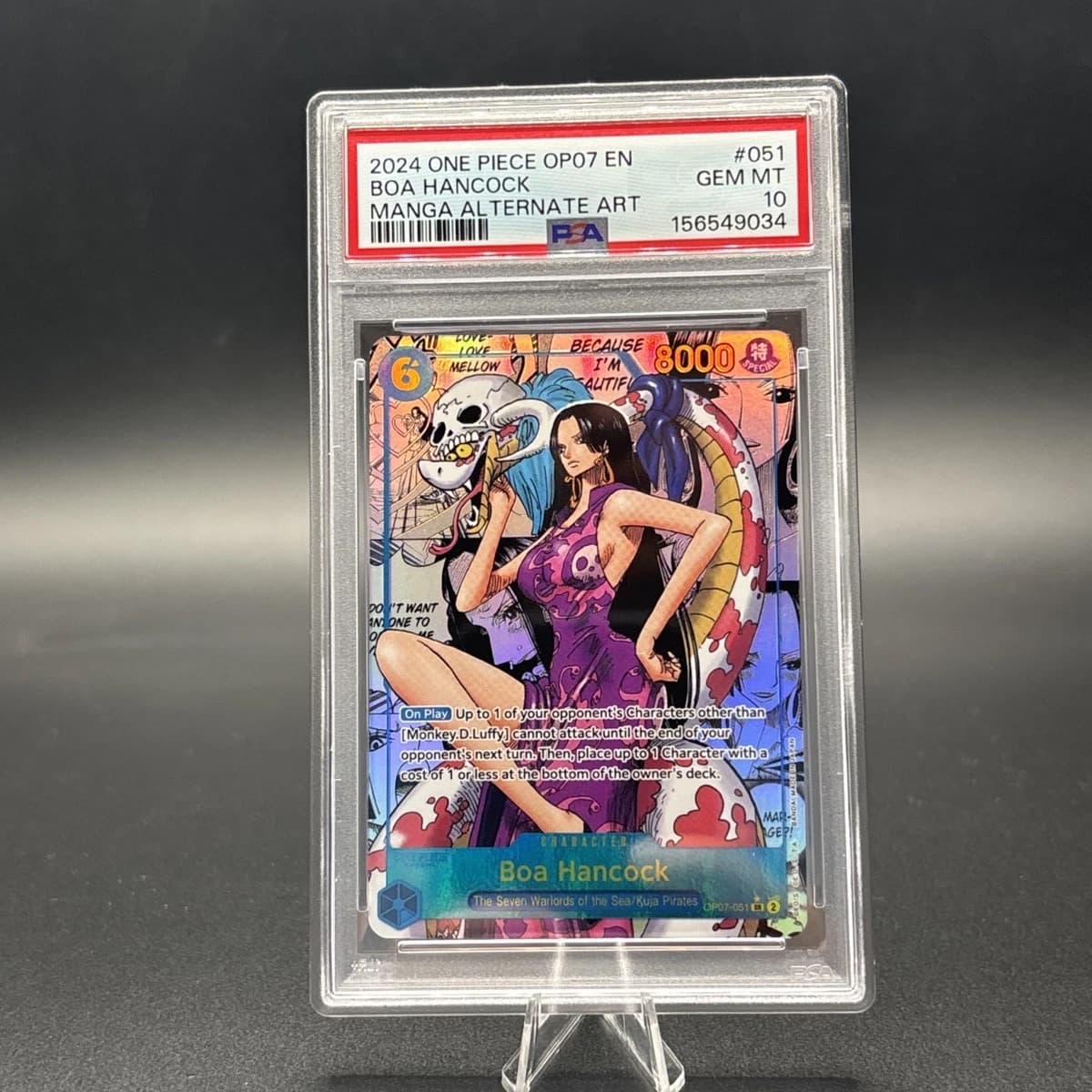 A 2024 One Piece 500 Years in the Future Boa Hancock manga alternate art, OP07-051, in a PSA 10 slab