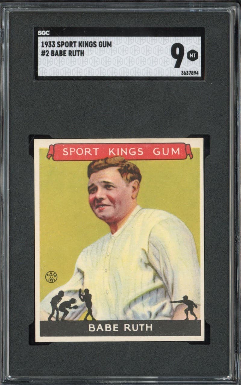 The 1933 Sport Kings Gum #2 Babe Ruth in an SGC 9 holder, cert 3637894. Card image: Mile High Card Company lot photo.