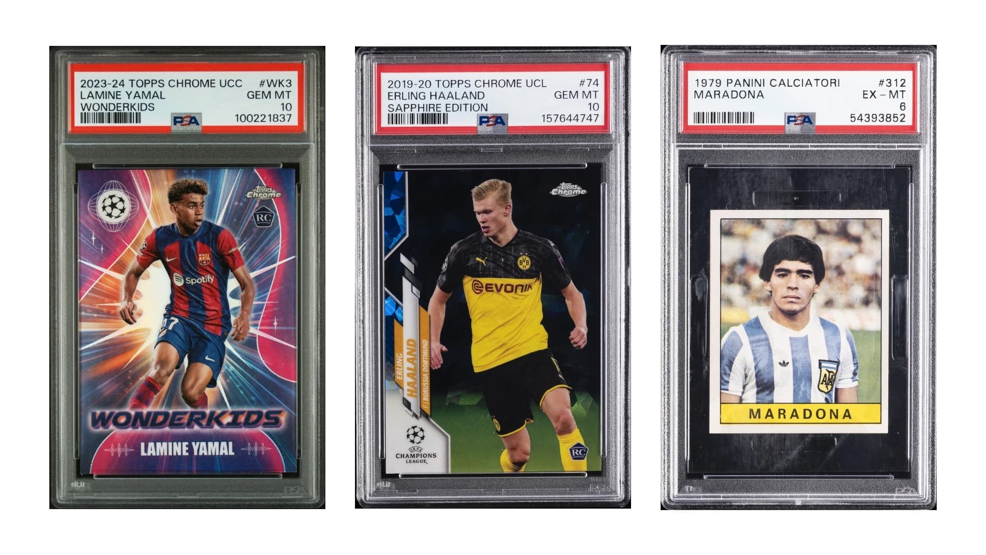 Three PSA-graded soccer cards side by side: a 2023-24 Topps Chrome Wonderkids Lamine Yamal in a PSA 10 slab, a 2019-20 Topps Chrome Sapphire Edition Erling Haaland rookie in a PSA 10 slab and a 1979-80 Panini Calciatori Diego Maradona sticker in a PSA 6 slab