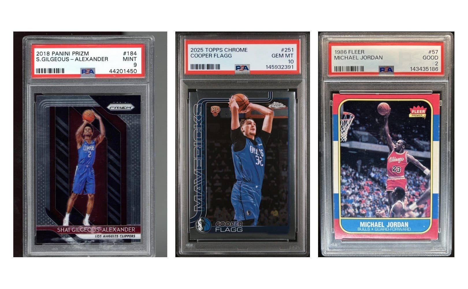 PSA slabs of a 2018 Panini Prizm Shai Gilgeous-Alexander (PSA 9), a 2025 Topps Chrome Cooper Flagg (PSA 10) and a 1986 Fleer Michael Jordan (PSA 2)