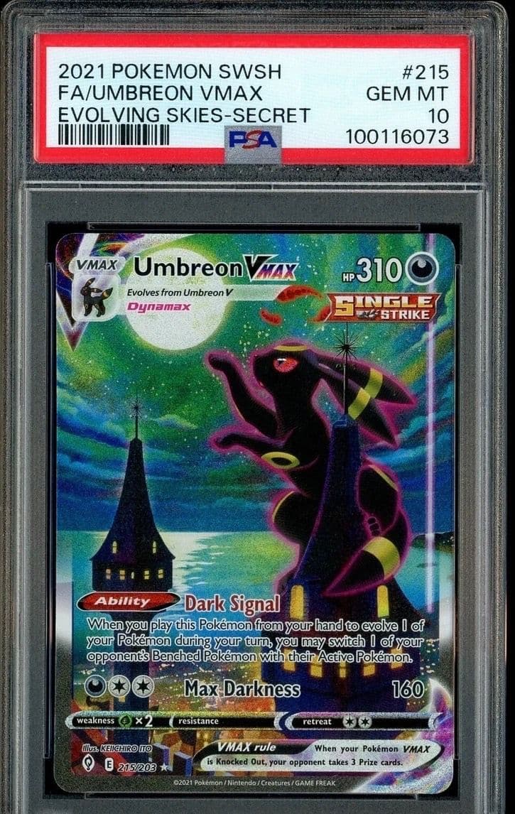A 2021 Pokémon Evolving Skies Umbreon VMAX alternate art, number 215, in a PSA 10 slab