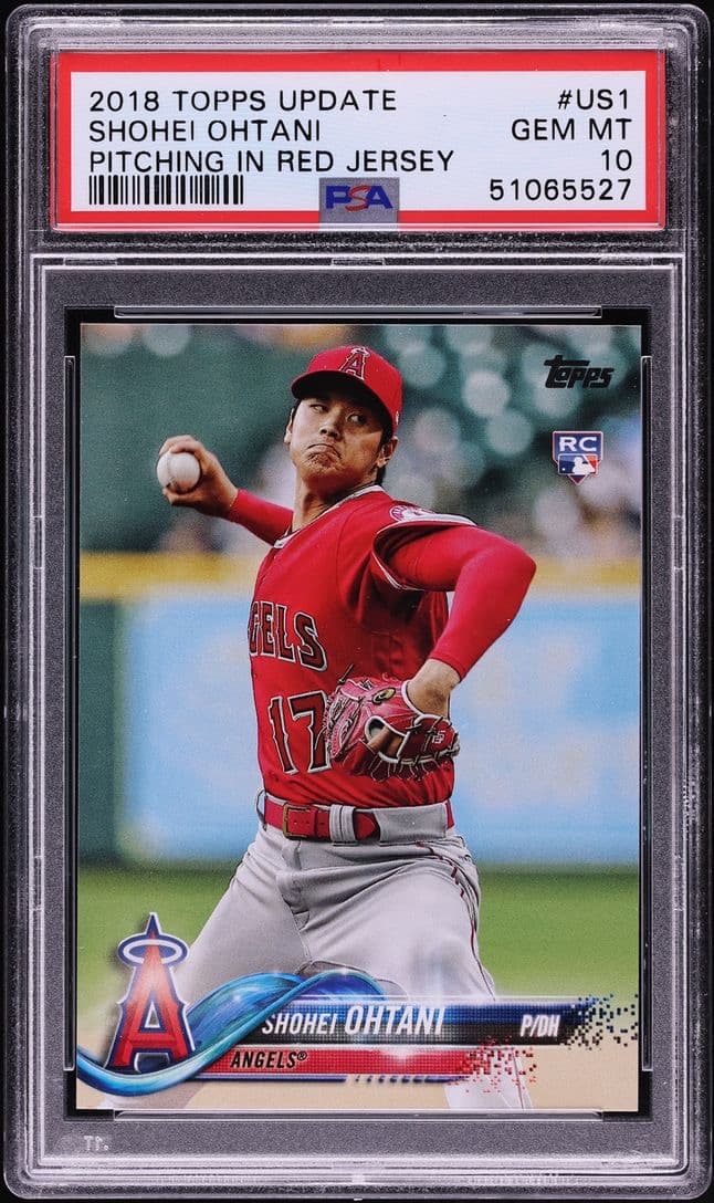 A 2018 Topps Update Shohei Ohtani rookie card, number US1, in a PSA 10 slab