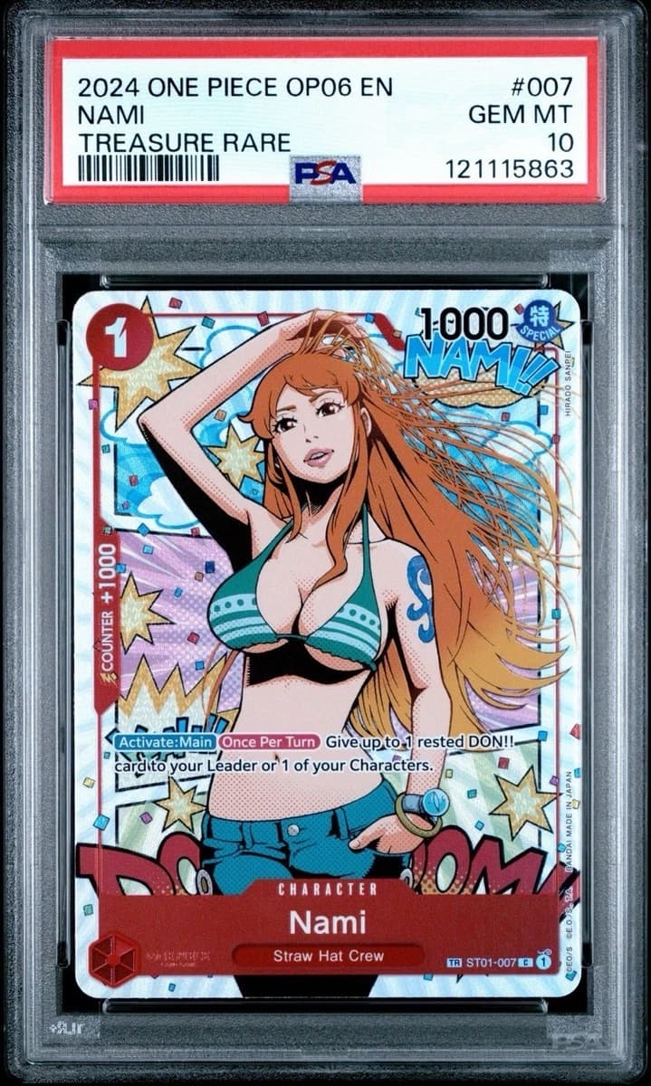 A 2024 One Piece Wings of the Captain Nami Treasure Rare, ST01-007, in a PSA 10 slab
