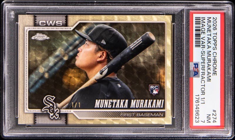 The 2026 Topps Chrome Image Variation Superfractor #274 Munetaka Murakami 1/1 in a PSA 7 slab, cert 176149623. Card image: Goldin lot photo.