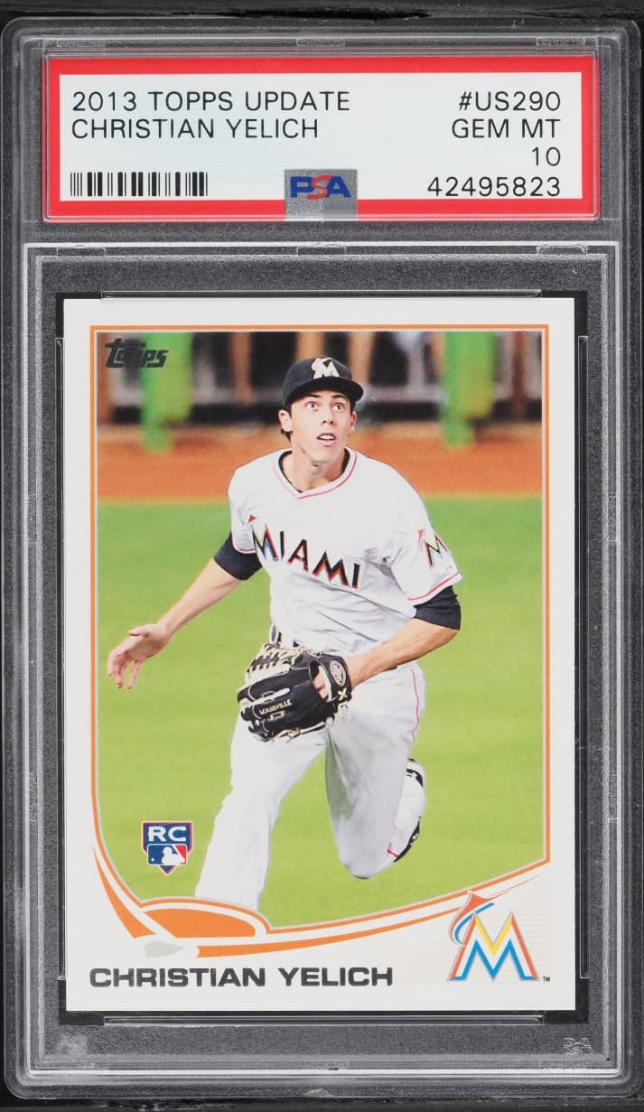 A 2013 Topps Update Christian Yelich rookie card, number US290, in a PSA 10 slab