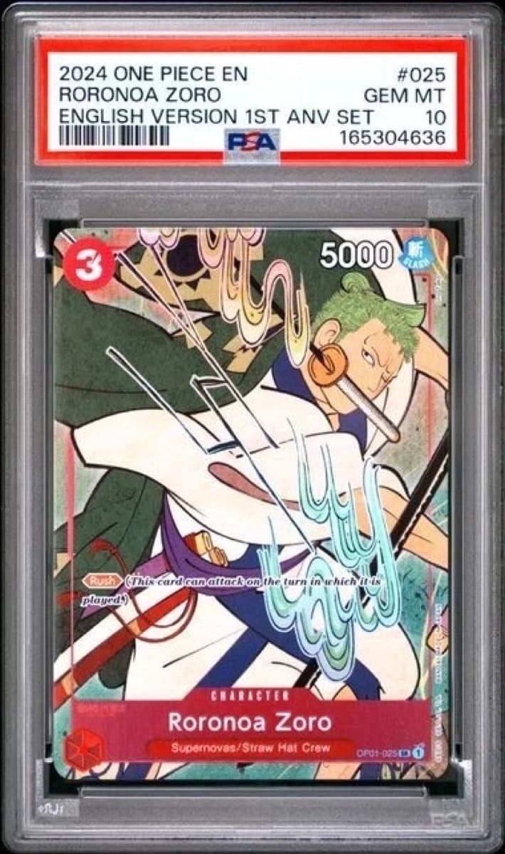 A 2024 One Piece English 1st Anniversary Set Roronoa Zoro card, OP01-025, in a PSA 10 slab