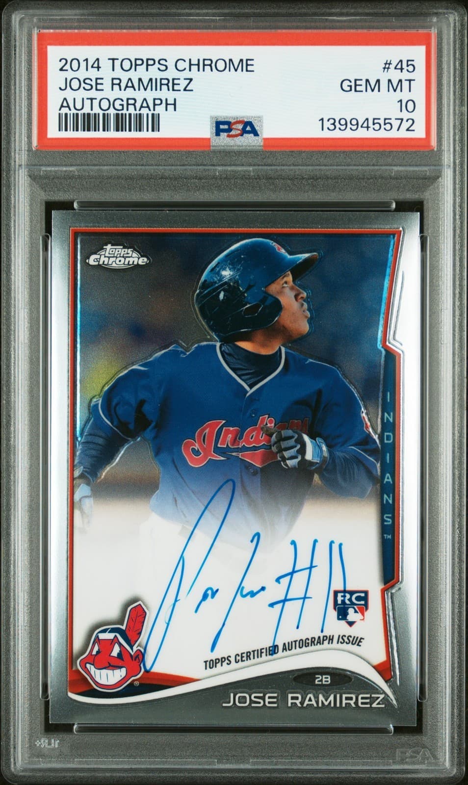 A 2014 Topps Chrome José Ramírez rookie autograph, number 45, in a PSA 10 slab