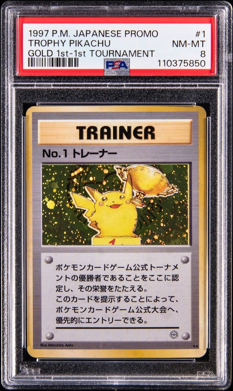 The 1997 Gold 1st Place Trophy Pikachu up for bid at Goldin, in its PSA NM-MT 8 holder. Photo: Goldin.