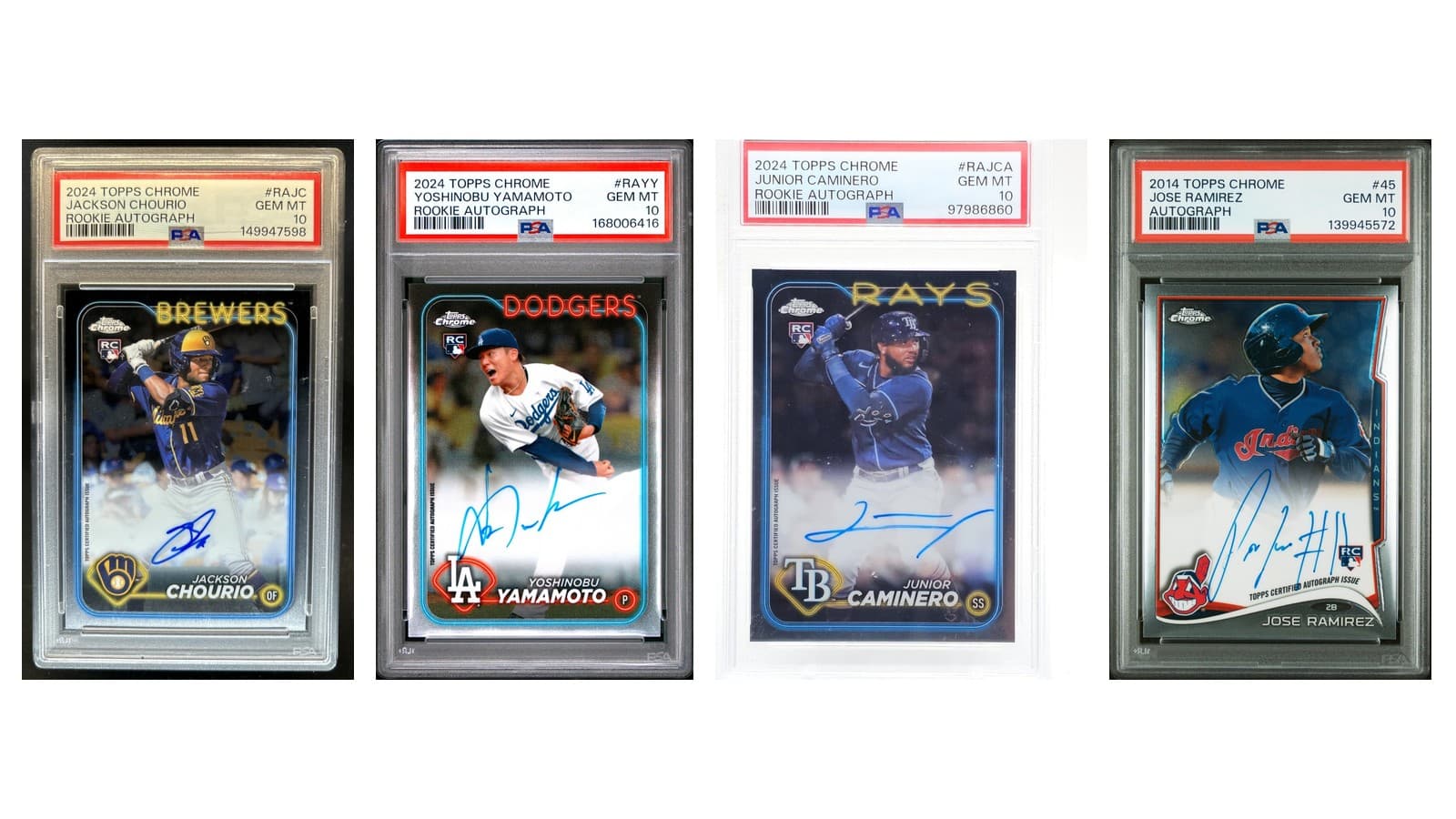 Four Topps Chrome rookie autographs of Jackson Chourio, Yoshinobu Yamamoto, Junior Caminero and José Ramírez in PSA 10 slabs
