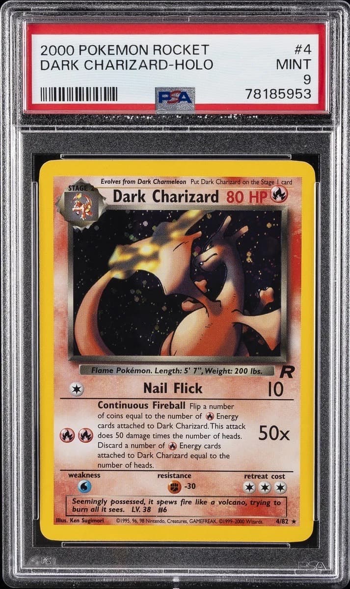 A 2000 Pokémon Team Rocket Dark Charizard holo, number 4, in a PSA 9 slab