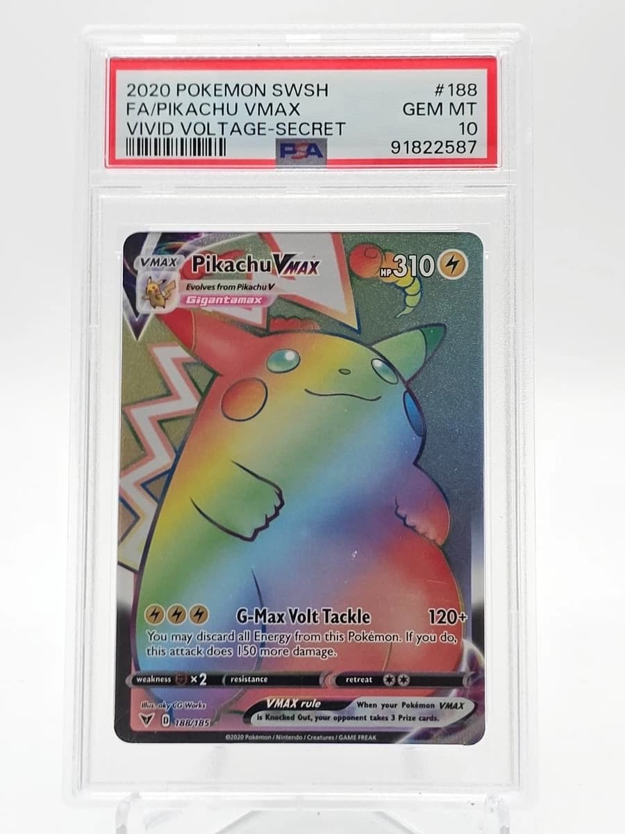 A 2020 Pokémon Vivid Voltage Pikachu VMAX rainbow secret rare, number 188, in a PSA 10 slab