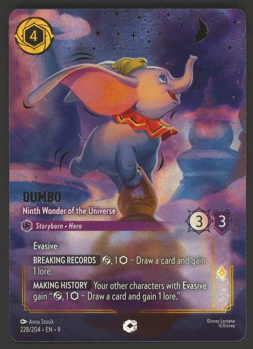 A raw Enchanted Disney Lorcana Dumbo, Ninth Wonder of the Universe, number 228, from Fabled