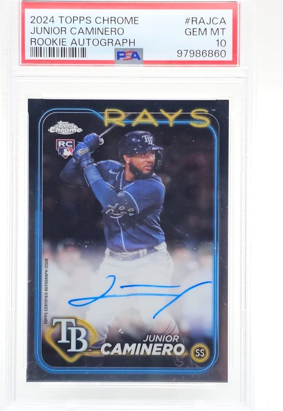 A 2024 Topps Chrome Junior Caminero rookie autograph, number RA-JCA, in a PSA 10 slab