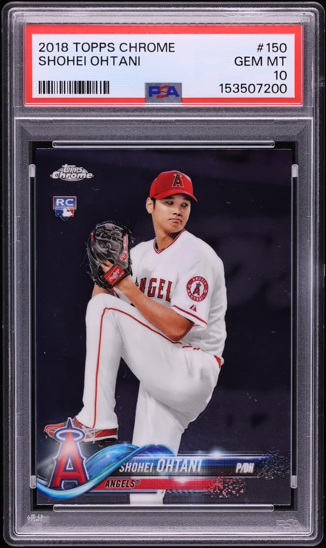 A 2018 Topps Chrome Shohei Ohtani rookie card, number 150, in a PSA 10 slab