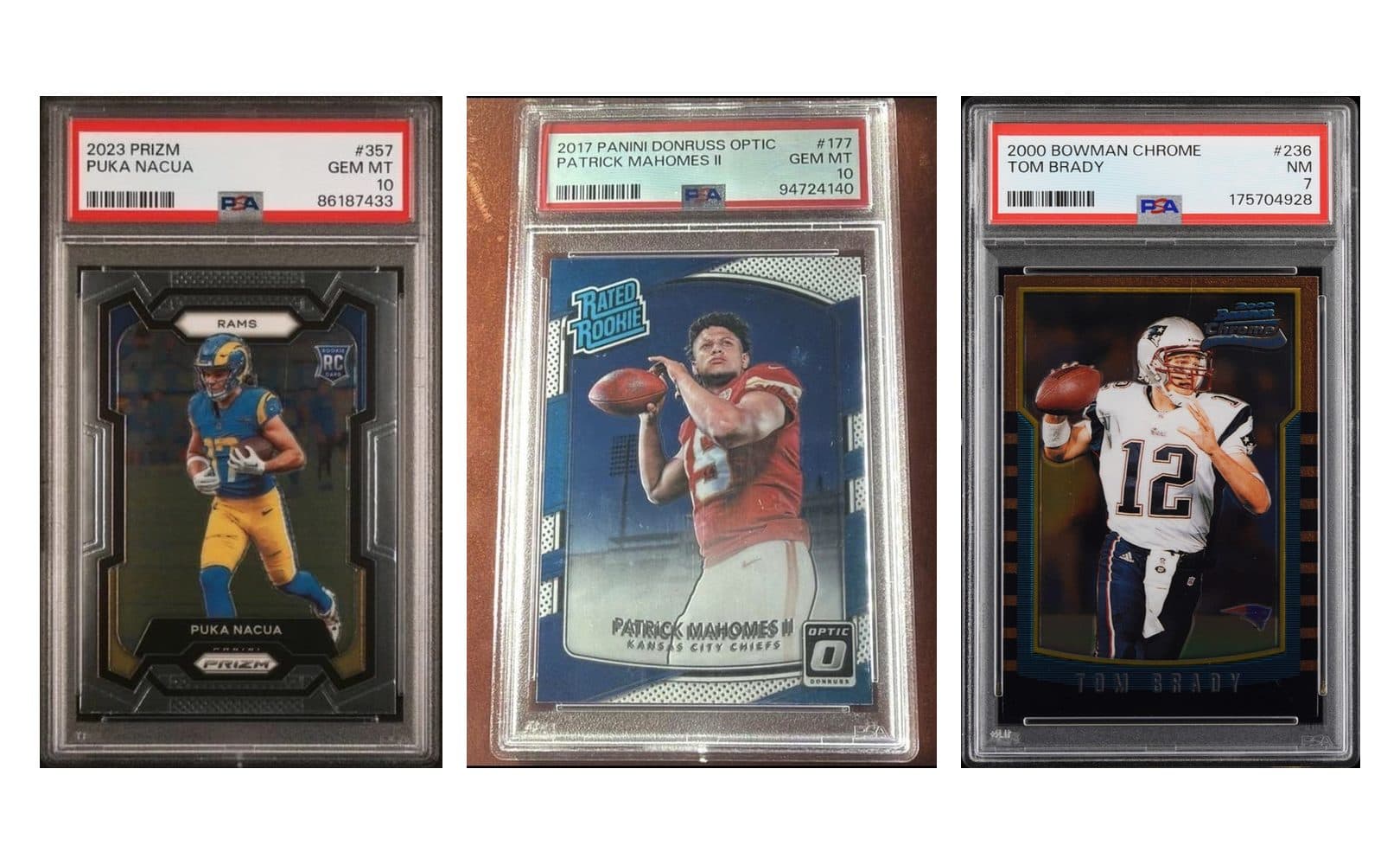 PSA slabs of a 2023 Panini Prizm Puka Nacua (PSA 10), a 2017 Donruss Optic Patrick Mahomes II (PSA 10) and a 2000 Bowman Chrome Tom Brady (PSA 7)