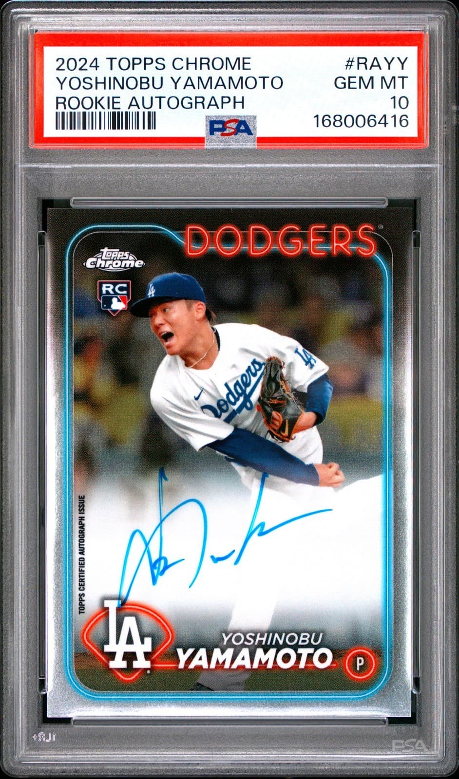 A 2024 Topps Chrome Yoshinobu Yamamoto rookie autograph, number RA-YY, in a PSA 10 slab