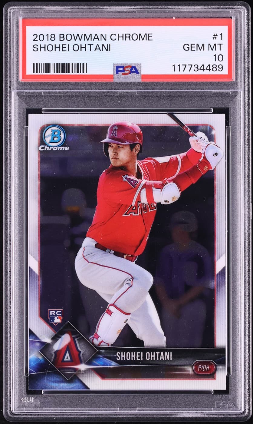 A 2018 Bowman Chrome Shohei Ohtani rookie card, number 1, in a PSA 10 slab