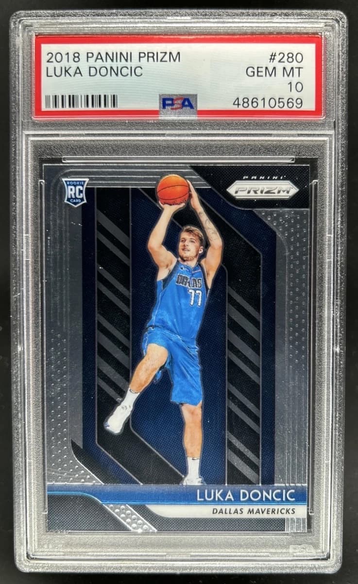 A 2018-19 Panini Prizm Luka Doncic rookie card, number 280, in a PSA 10 slab